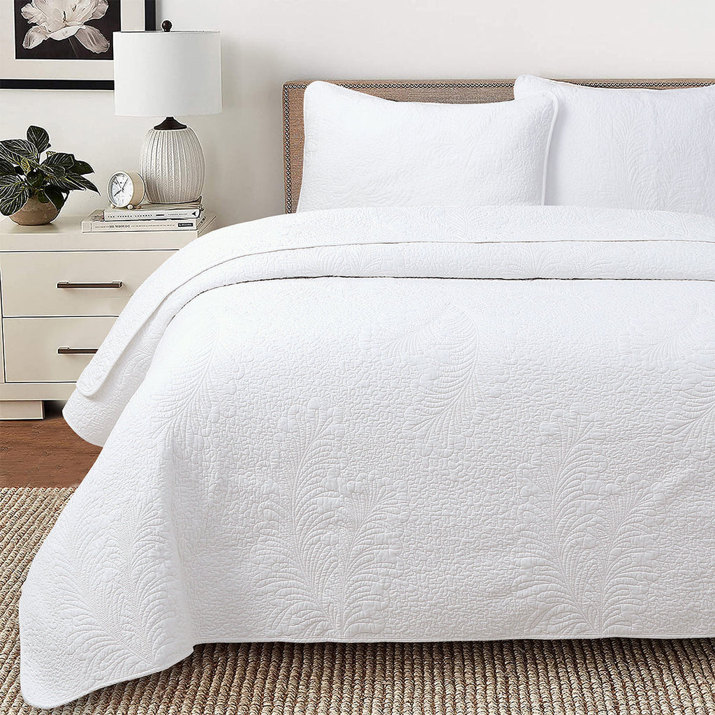 Classic Modern Palm Leaf Stitch Solid White 100% Cotton 3 Piece Quilt Bedding Set