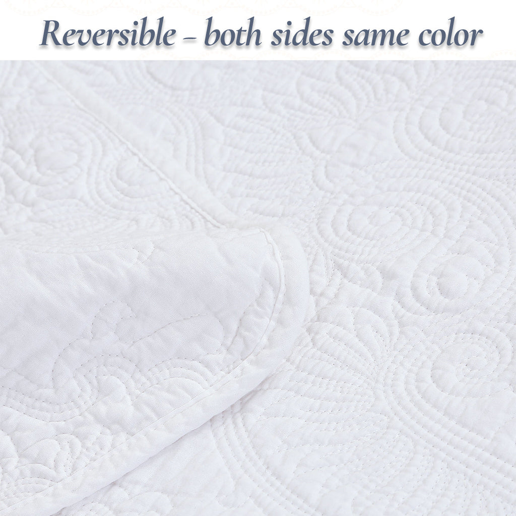 Classic Orient Damask Medallion Stitch Solid White 100% Cotton 3 Piece Quilt Bedding Set