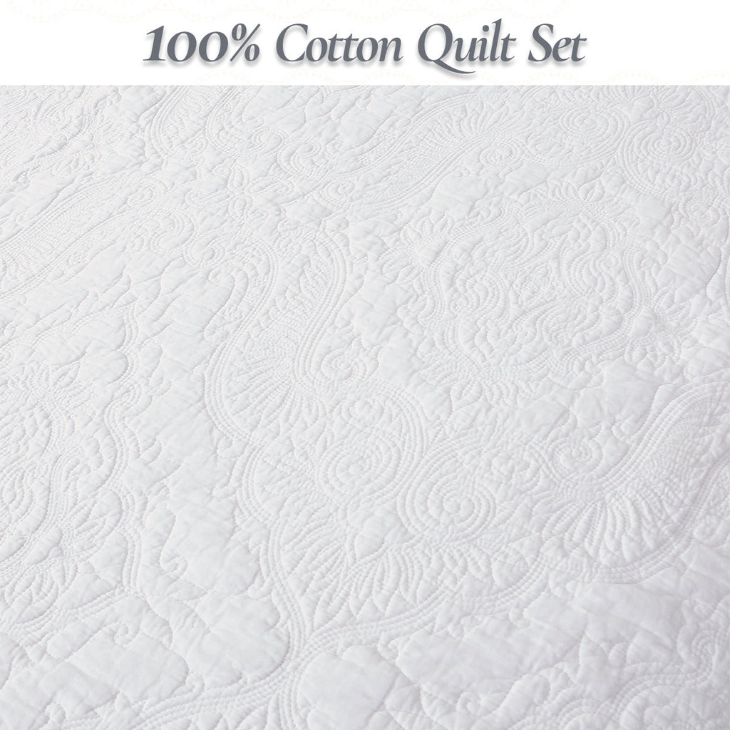 Classic Orient Damask Medallion Stitch Solid White 100% Cotton 3 Piece Quilt Bedding Set