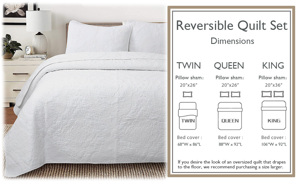 Classic Orient Damask Medallion Stitch Solid White 100% Cotton 3 Piece Quilt Bedding Set