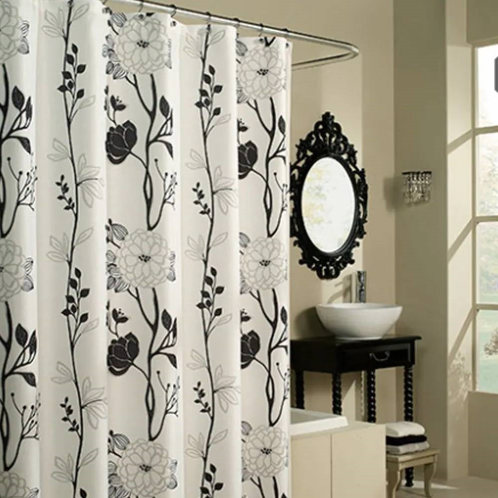 71 – inch Boho Black and White Floral Flowers Polyester Fabric Shower Curtain