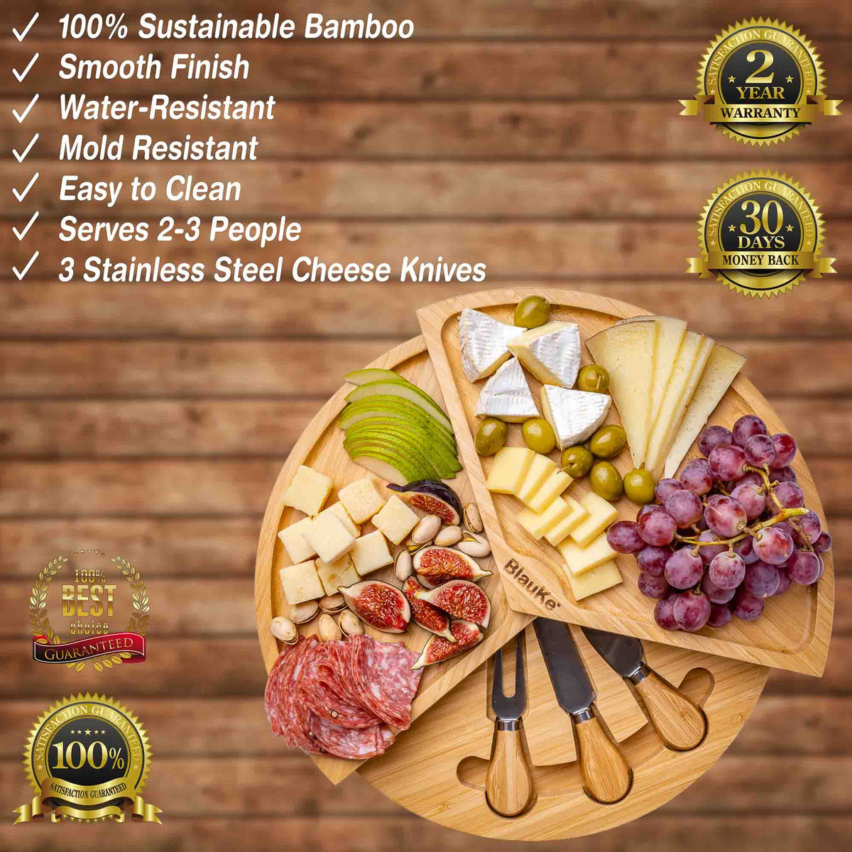 Bamboo Cheese Board and Knife Set – 14 Inch Swiveling Charcuterie Board with Slide – Out Drawer – Cheese Serving Platter