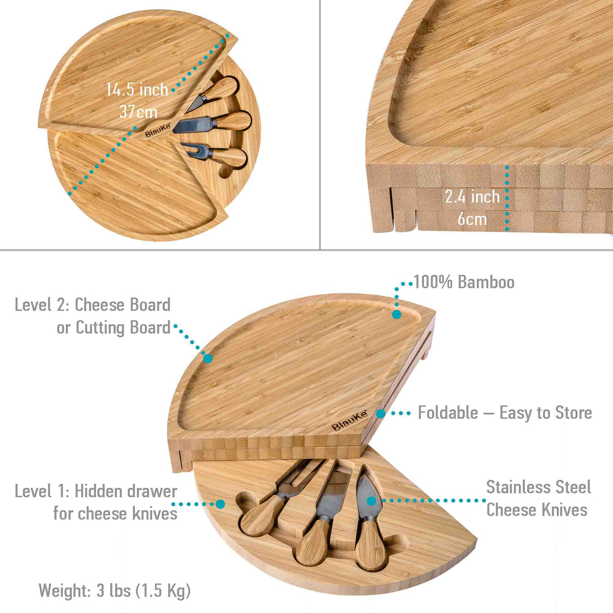 Bamboo Cheese Board and Knife Set – 14 Inch Swiveling Charcuterie Board with Slide – Out Drawer – Cheese Serving Platter