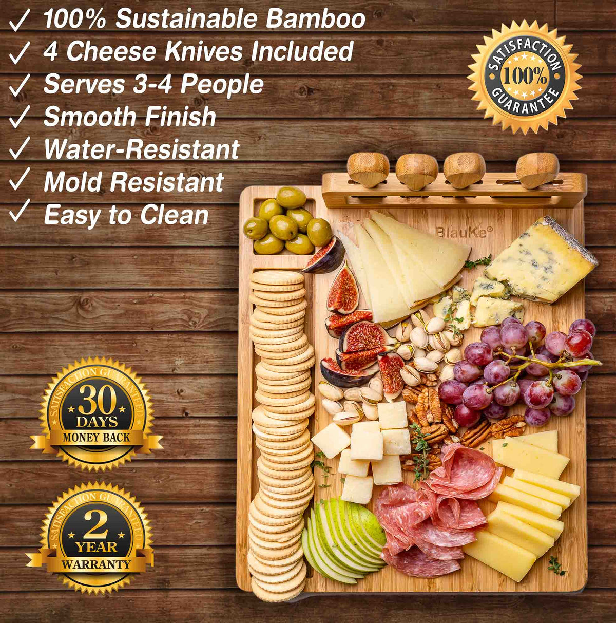 Bamboo Cheese Board and Knife Set – 14x11 inch Charcuterie Board with 4 Cheese Knives – Wood Serving Tray