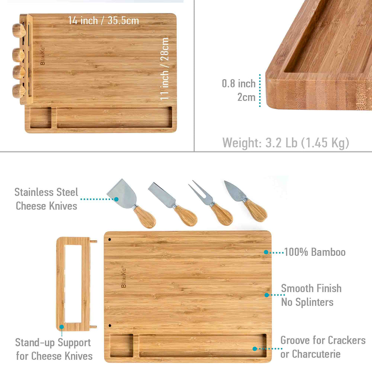 Bamboo Cheese Board and Knife Set – 14x11 inch Charcuterie Board with 4 Cheese Knives – Wood Serving Tray
