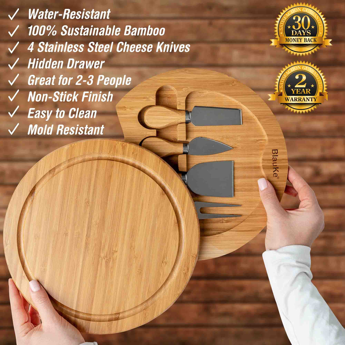 Bamboo Cheese Board and Knife Set – 10 Inch Swiveling Charcuterie Board with Slide – Out Drawer