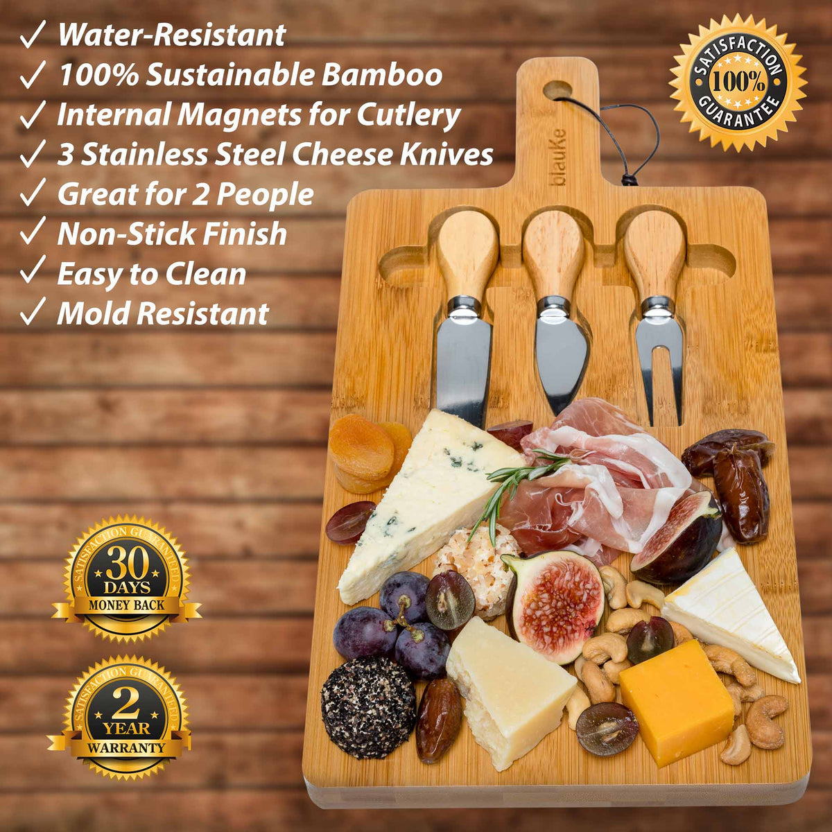 Bamboo Cheese Board and Knife Set – 12x8 inch Charcuterie Board with Magnetic Cutlery Storage – Wood Serving Tray with H