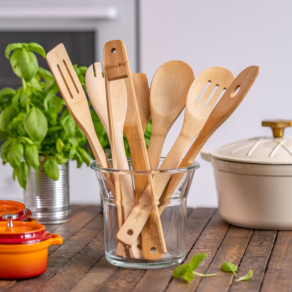 Wooden Spoons for Cooking 7 – Pack – Bamboo Kitchen Utensils Set for Nonstick Cookware