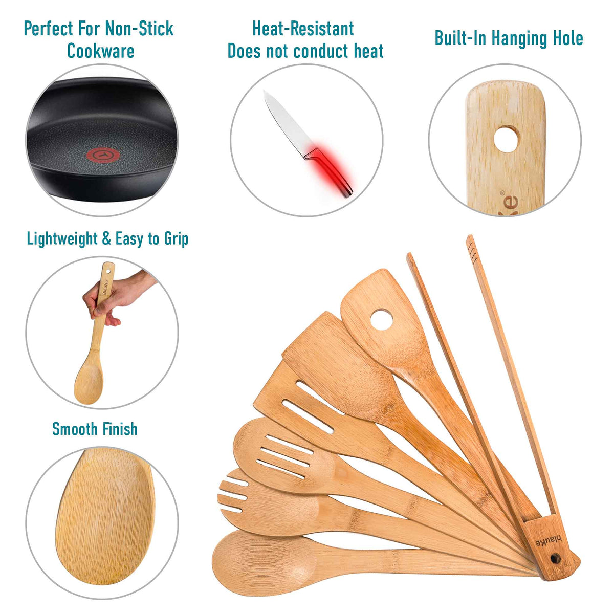 Wooden Spoons for Cooking 7 – Pack – Bamboo Kitchen Utensils Set for Nonstick Cookware
