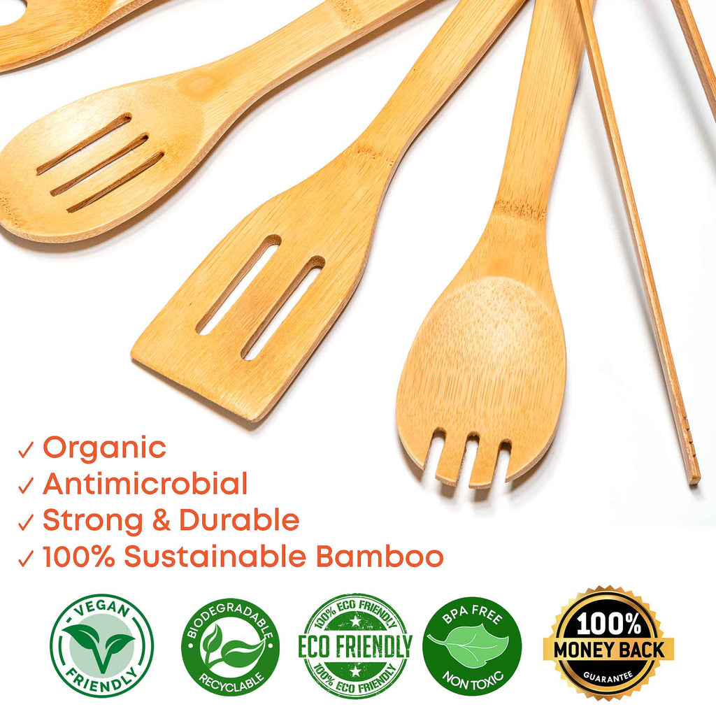 Wooden Spoons for Cooking 7 – Pack – Bamboo Kitchen Utensils Set for Nonstick Cookware