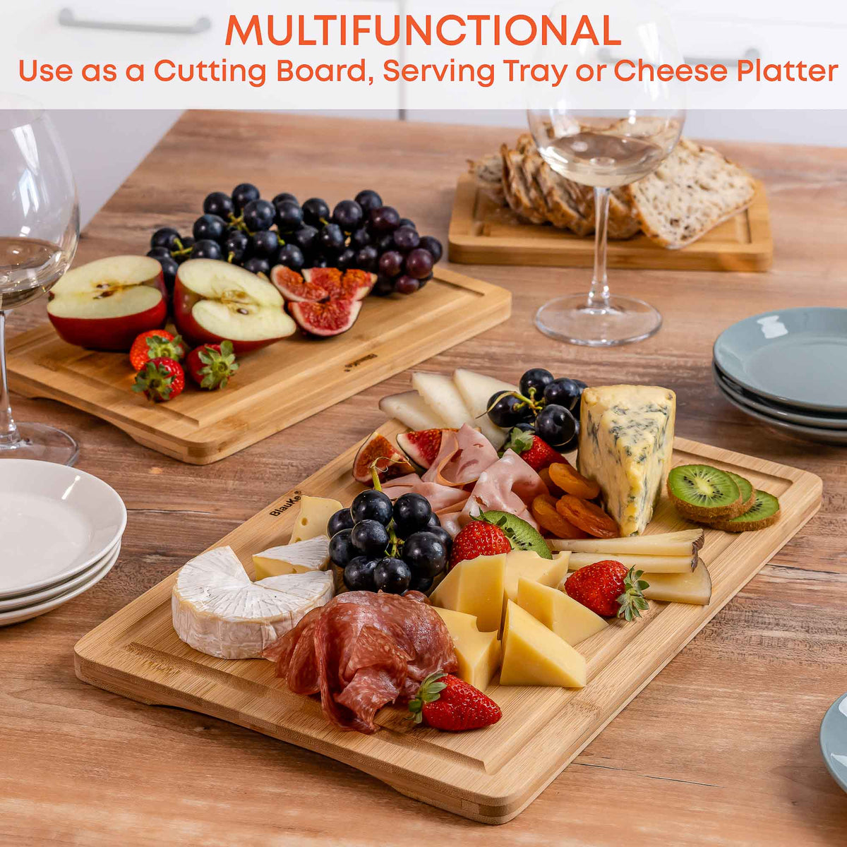 Wooden Cutting Boards for Kitchen with Juice Groove and Handles – Bamboo Chopping Boards Set of 3 – Wood Serving Trays