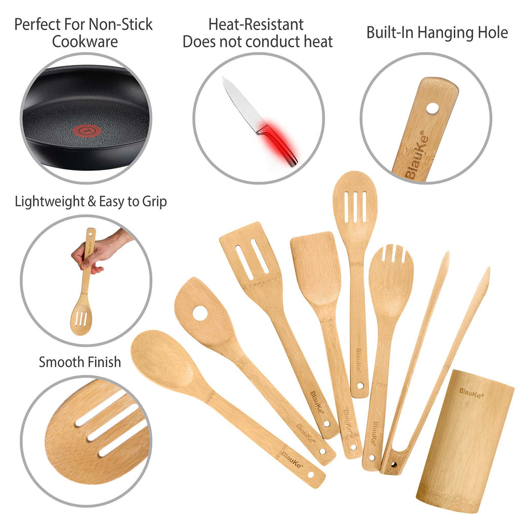 Bamboo Kitchen Utensils Set 8 – Pack – Wooden Cooking Utensils for Nonstick Cookware – Wooden Cooking Spoons, Spatulas,