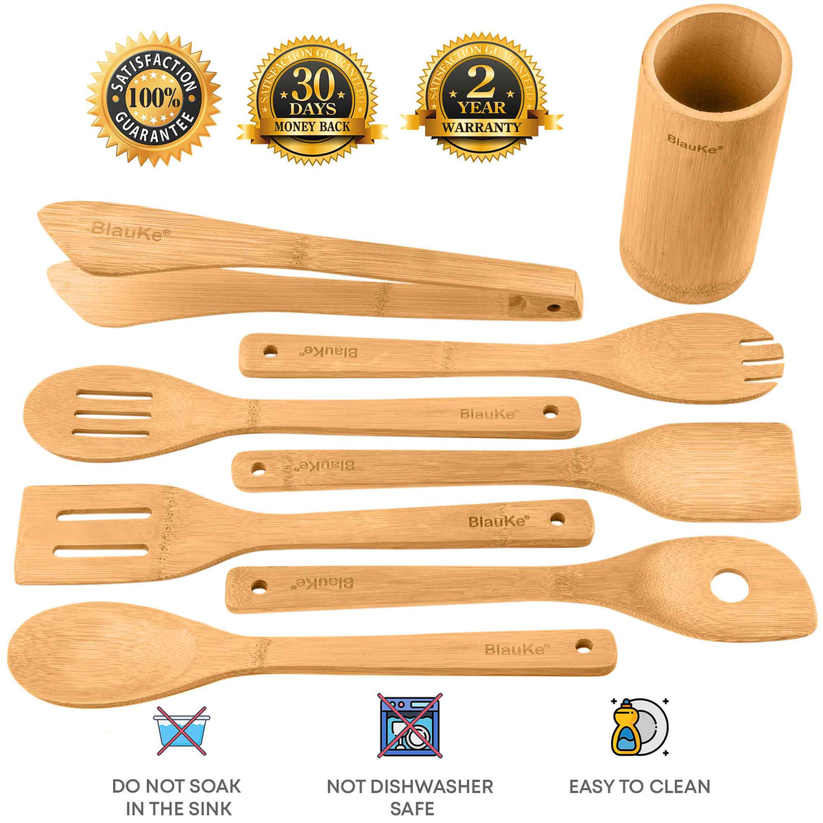 Bamboo Kitchen Utensils Set 8 – Pack – Wooden Cooking Utensils for Nonstick Cookware – Wooden Cooking Spoons, Spatulas,