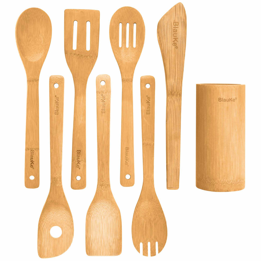 Bamboo Kitchen Utensils Set 8 – Pack – Wooden Cooking Utensils for Nonstick Cookware – Wooden Cooking Spoons, Spatulas,