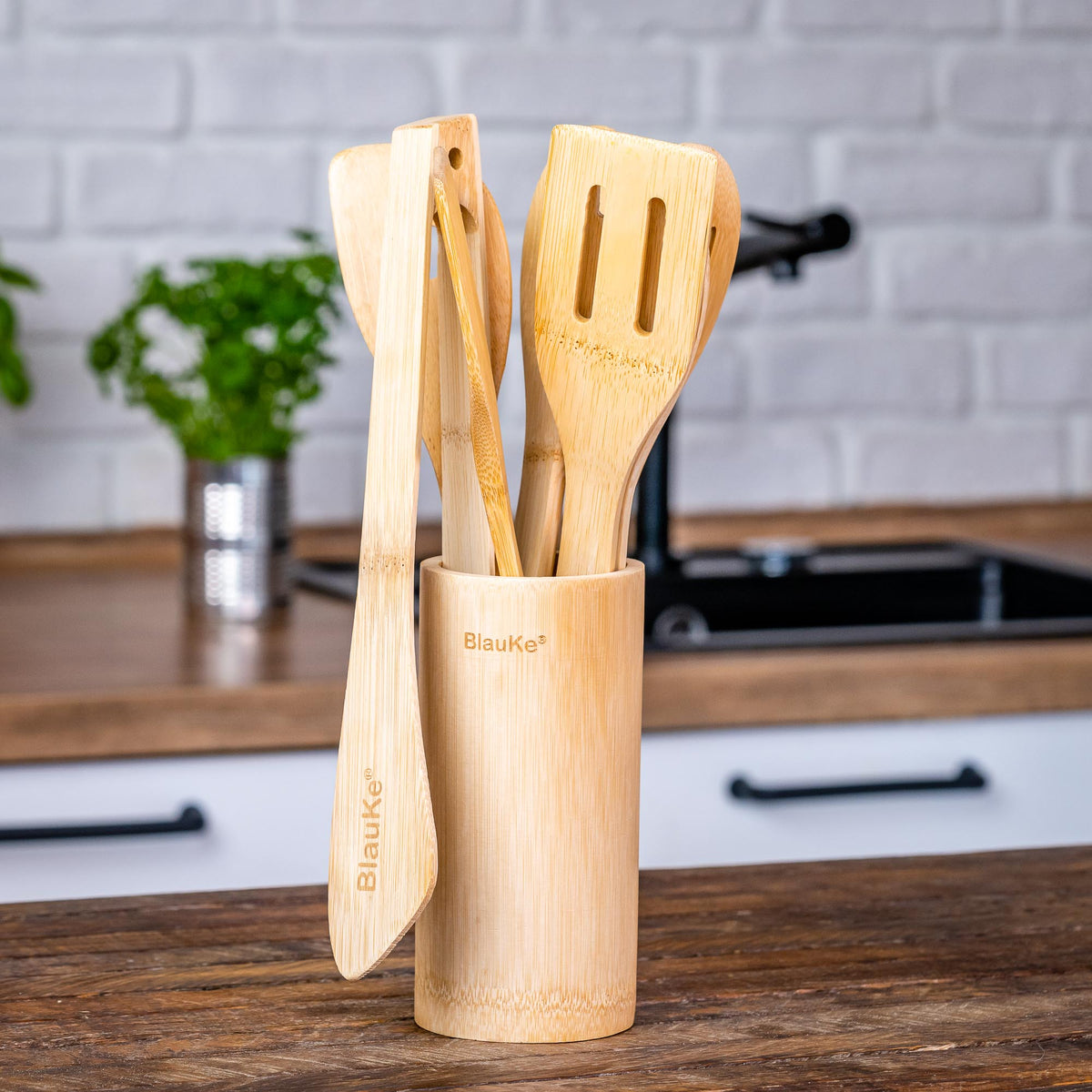 Bamboo Kitchen Utensils Set 8 – Pack – Wooden Cooking Utensils for Nonstick Cookware – Wooden Cooking Spoons, Spatulas,