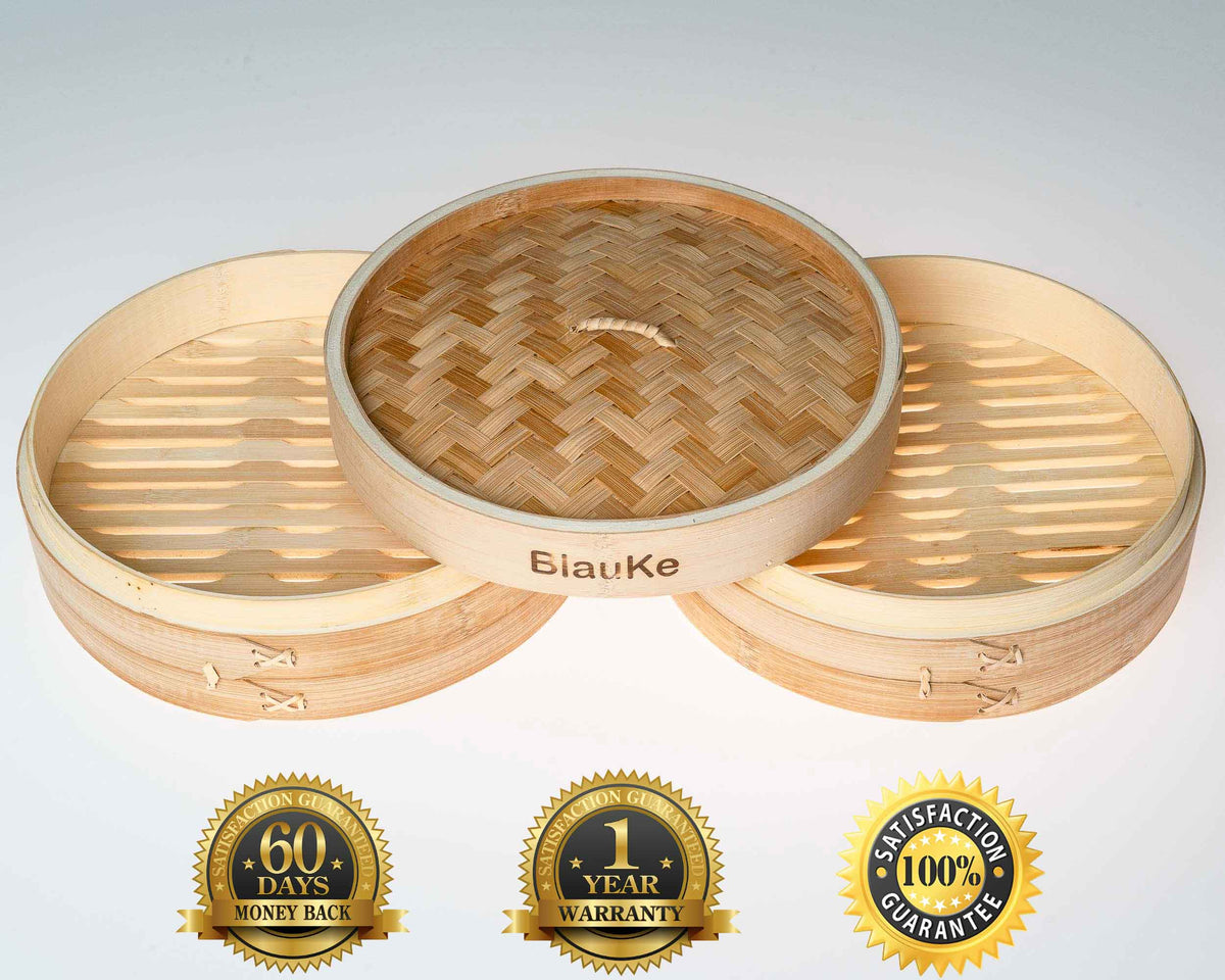 2 – Tier Bamboo Steamer for Cooking Dumplings, Vegetables, Meat, Fish, Rice – Bamboo Steamer Basket 10 Inch with 2 Pairs