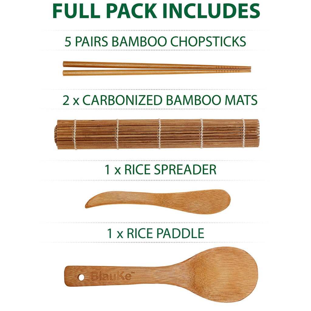 Bamboo Sushi Making Kit with 2 Sushi Rolling Mats, 5 Pairs of Reusable Bamboo Chopsticks, 1 Rice Paddle and 1 Spreader –