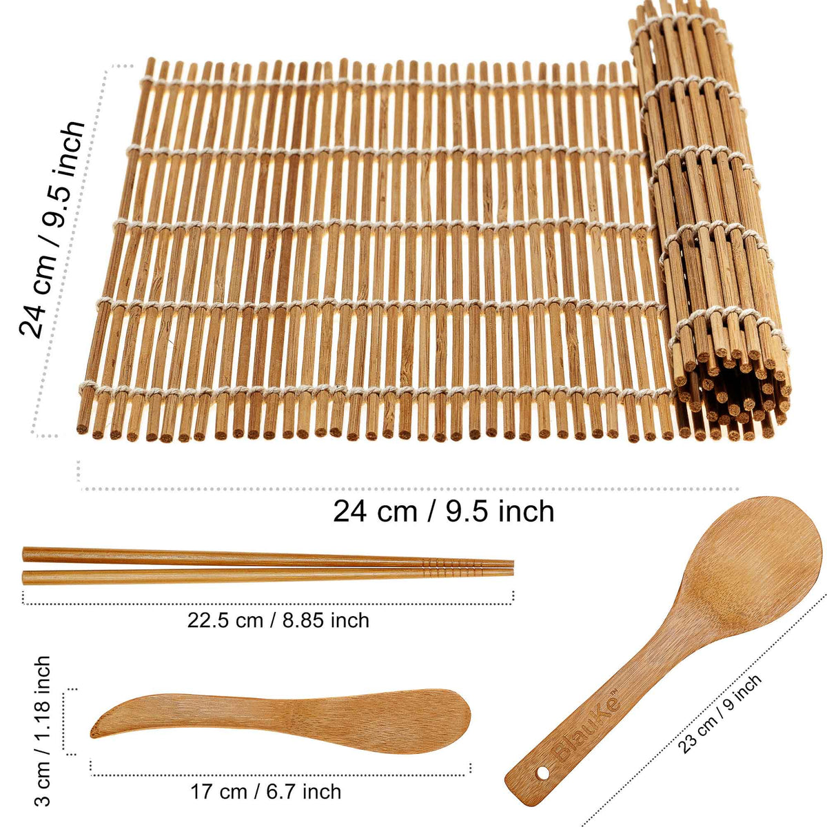 Bamboo Sushi Making Kit with 2 Sushi Rolling Mats, 5 Pairs of Reusable Bamboo Chopsticks, 1 Rice Paddle and 1 Spreader –