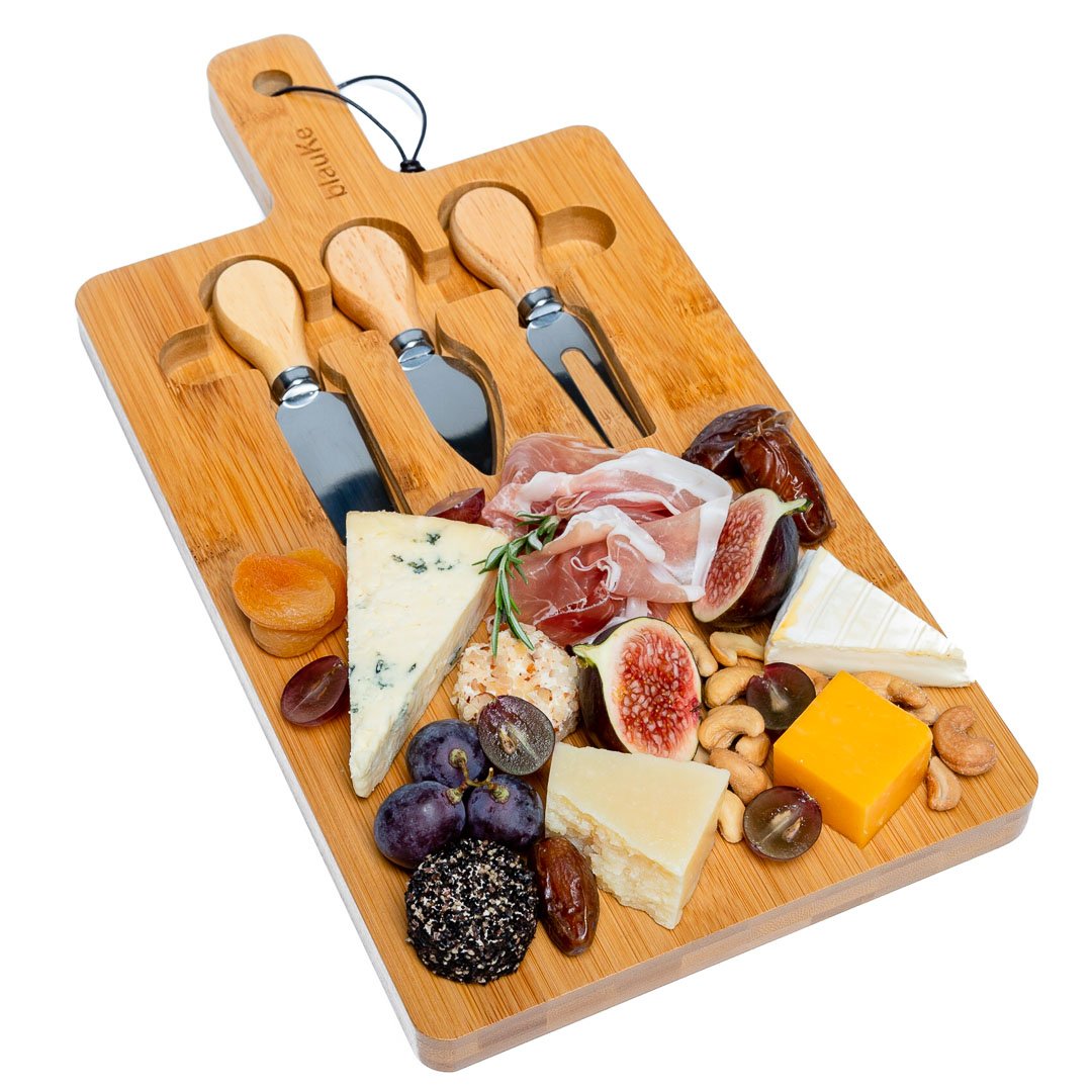 Bamboo Cheese Board and Knife Set – 12x8 inch Charcuterie Board with Magnetic Cutlery Storage – Wood Serving Tray with H