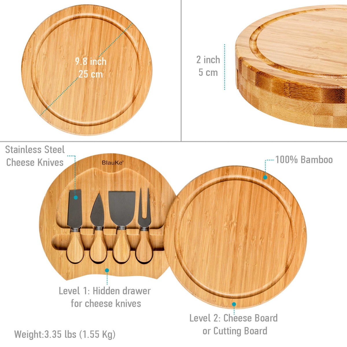 Bamboo Cheese Board and Knife Set – 10 Inch Swiveling Charcuterie Board with Slide – Out Drawer