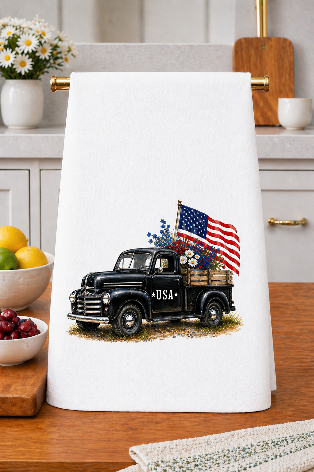 USA America Patriotic Vintage Black Truck Kitchen Towel