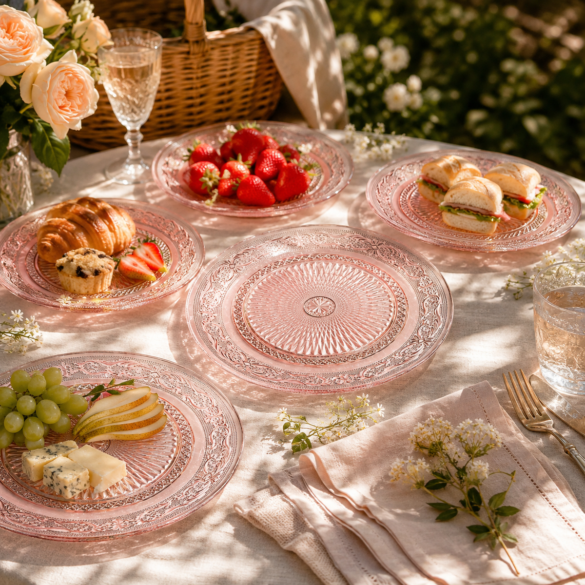 Blush Vintage Glass Plate, Set of 6