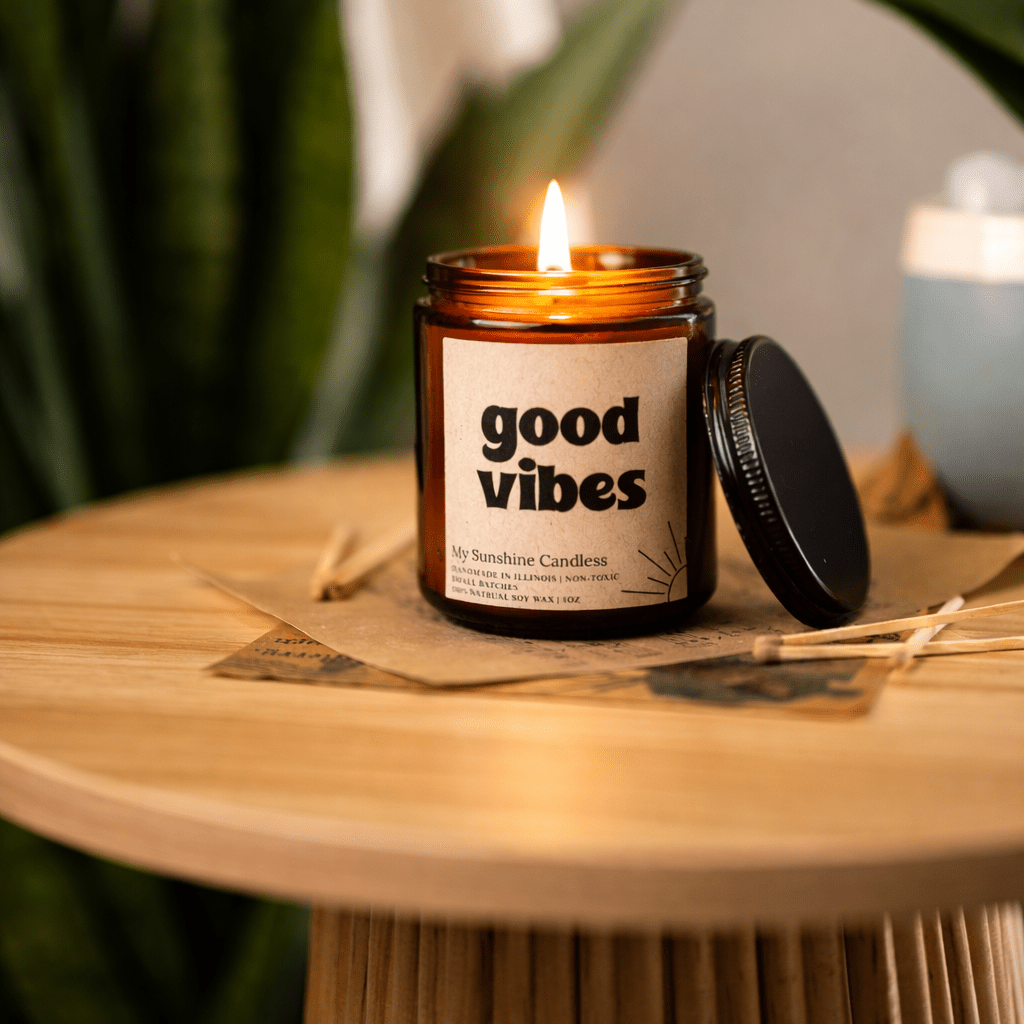 Good Vibes Amber Jar Candle 8 oz – Soy Wax Candle, Clean Burning, Non – Toxic, Handmade