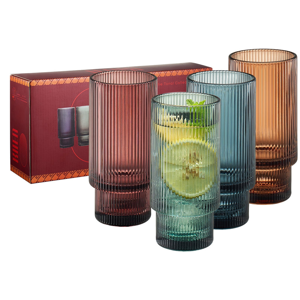 Tonal Ribbed Highball Glassware, Set of 4