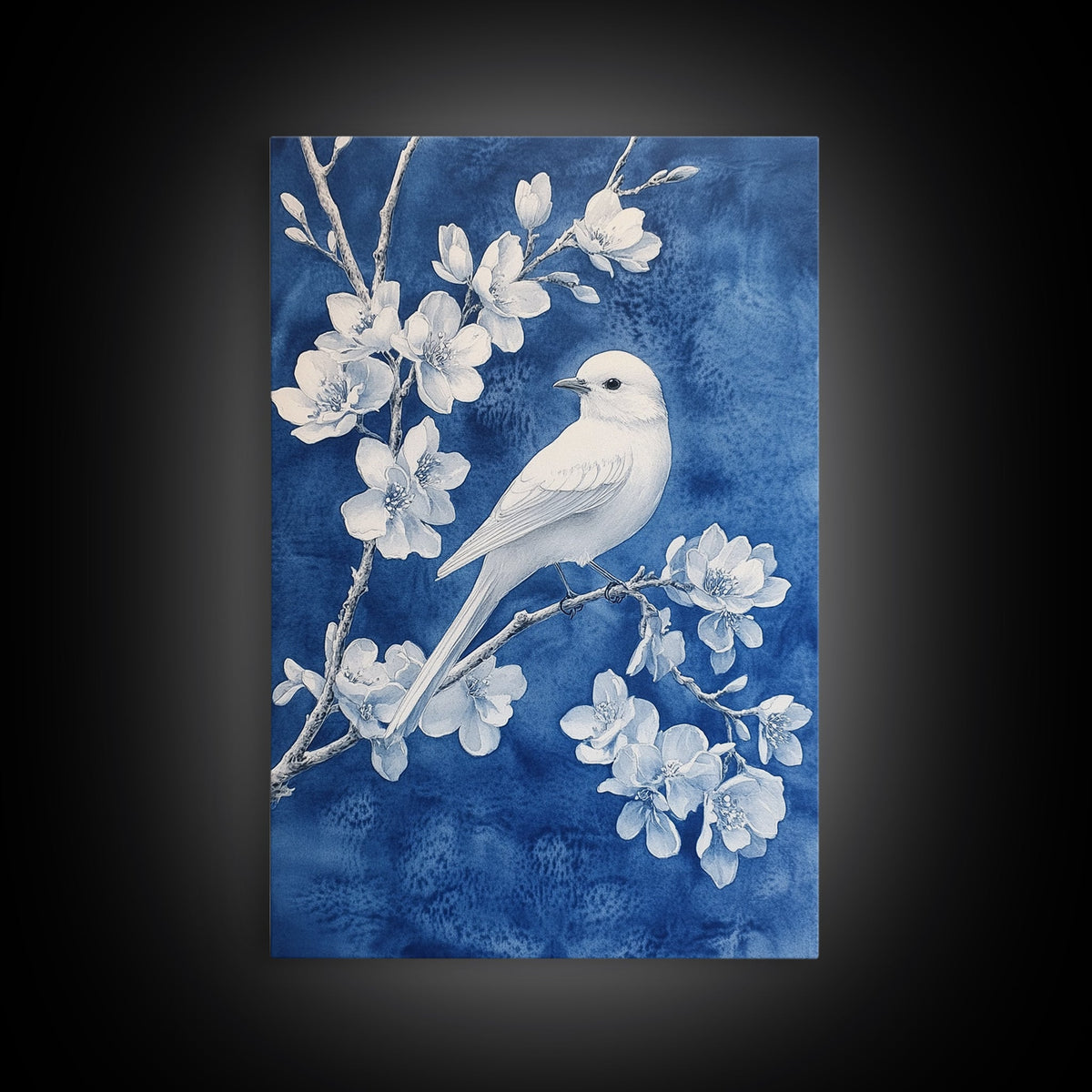 Blue Botanial Wall Art Chinoiserie Wall Art, White Bird, Blue Chinoiserie Home Decor, Botanical Print, Bird Painting, Fr