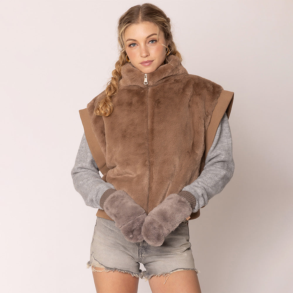 Solid Faux Fur Open Up Mitten Gloves