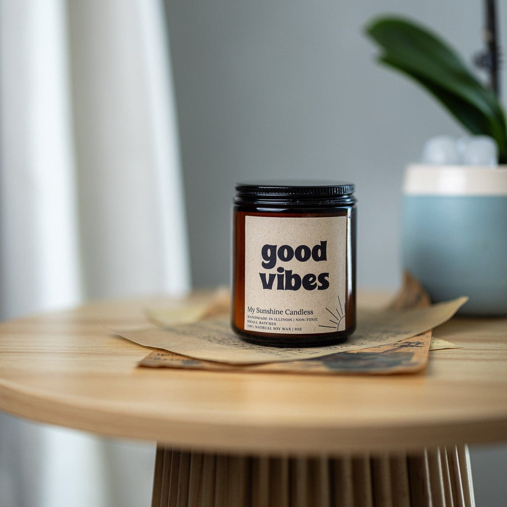 Good Vibes Amber Jar Candle 8 oz – Soy Wax Candle, Clean Burning, Non – Toxic, Handmade