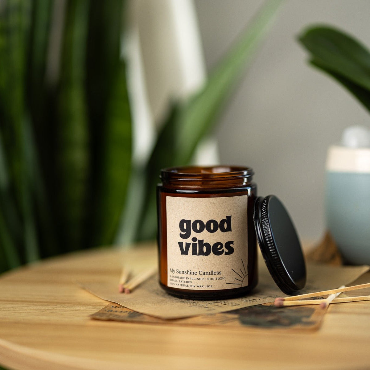 Good Vibes Amber Jar Candle 8 oz – Soy Wax Candle, Clean Burning, Non – Toxic, Handmade