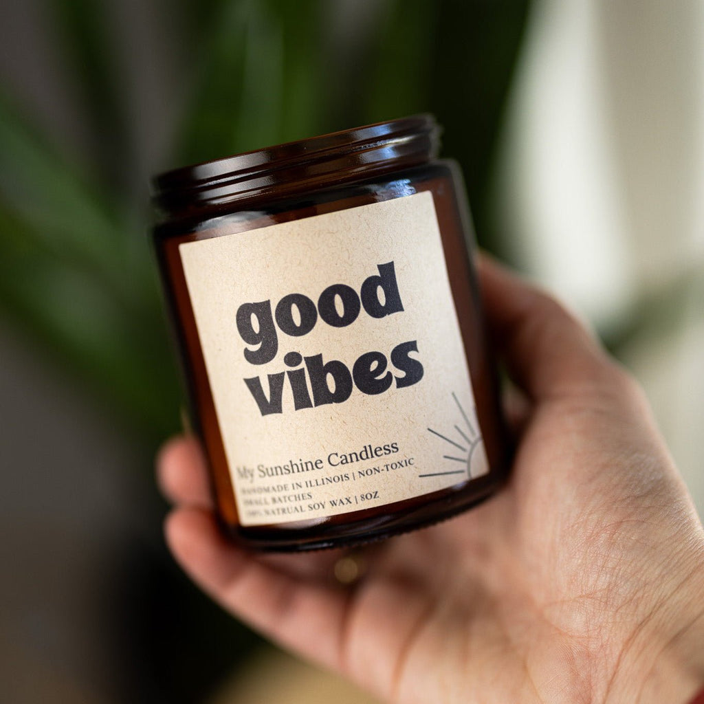 Good Vibes Amber Jar Candle 8 oz – Soy Wax Candle, Clean Burning, Non – Toxic, Handmade