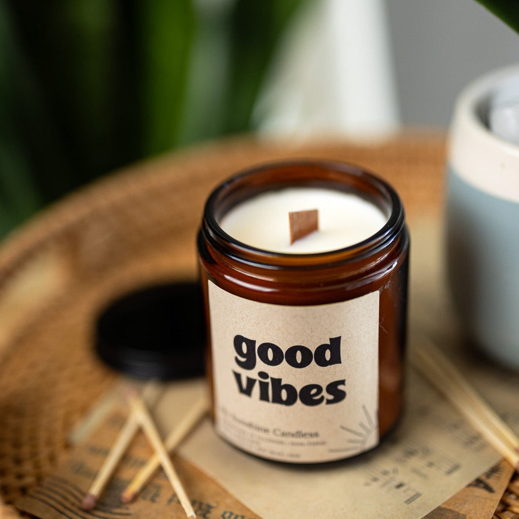 Good Vibes Amber Jar Candle 8 oz – Soy Wax Candle, Clean Burning, Non – Toxic, Handmade