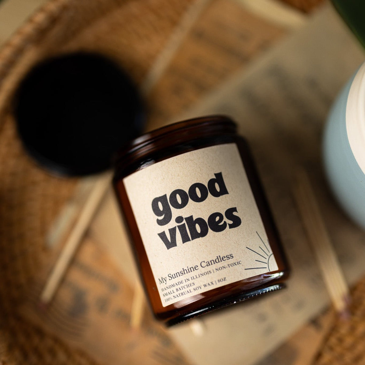 Good Vibes Amber Jar Candle 8 oz – Soy Wax Candle, Clean Burning, Non – Toxic, Handmade