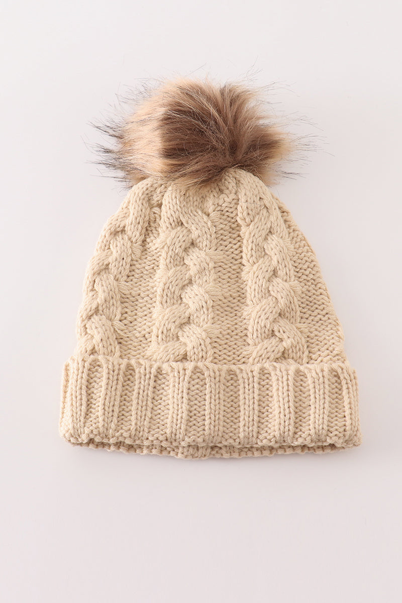 Beige pompom cable beanie hat