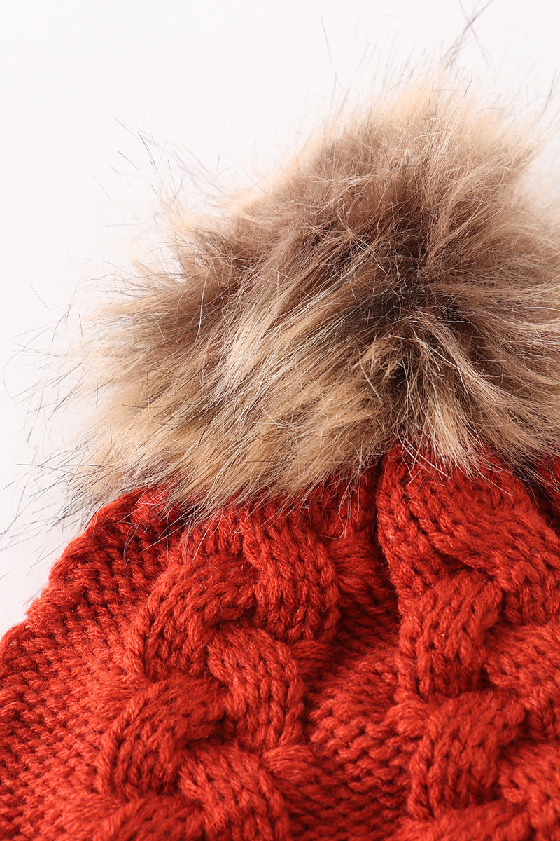 Caramel pompom cable beanie hat