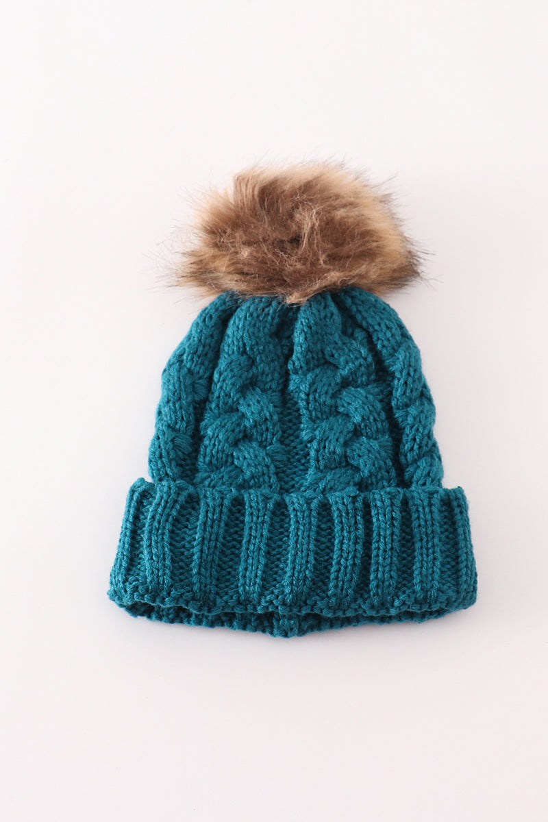Teal pompom cable beanie hat