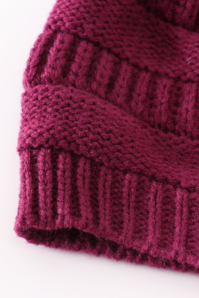Violet pompom cable beanie hat