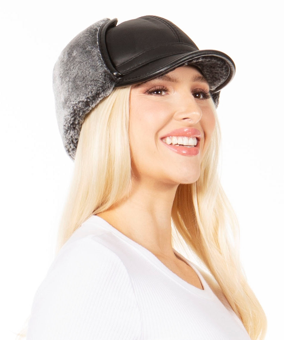 Sakkas Leather Shearling Unisex Aviator Trapper Winter Cap Ear Flaps Warm Ushanka Hunting Ski Snow Hat Faux Fur Chin Str