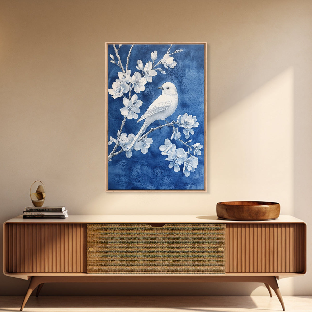Blue Botanial Wall Art Chinoiserie Wall Art, White Bird, Blue Chinoiserie Home Decor, Botanical Print, Bird Painting, Fr