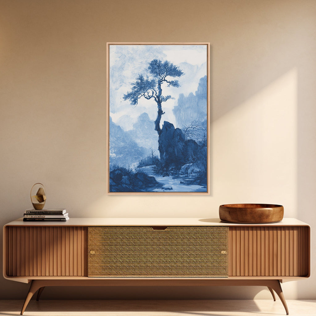 Chinoiserie Wall Art, Chinoiserie Style Canvas Print, Chinoiserie Blue Painting, Retro Boho Style Minimalist Wall Art, B