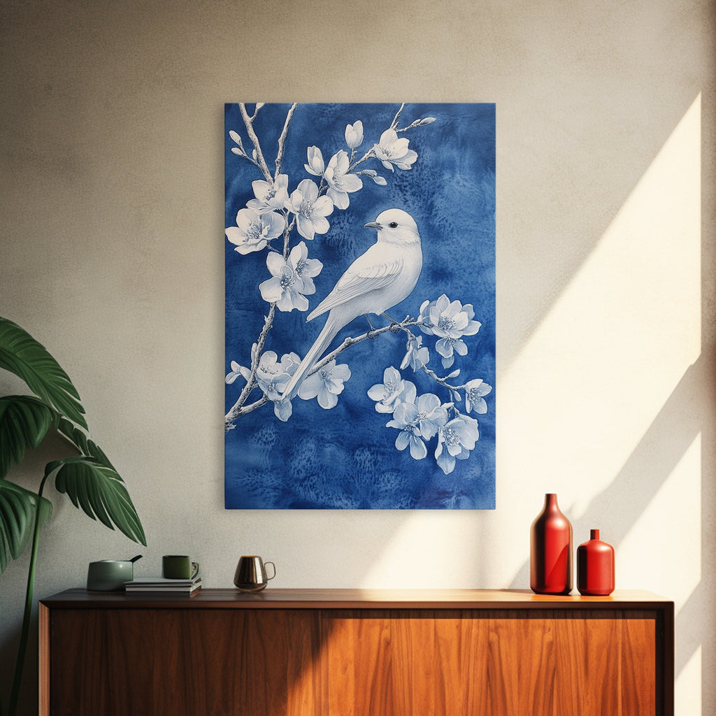 Blue Botanial Wall Art Chinoiserie Wall Art, White Bird, Blue Chinoiserie Home Decor, Botanical Print, Bird Painting, Fr