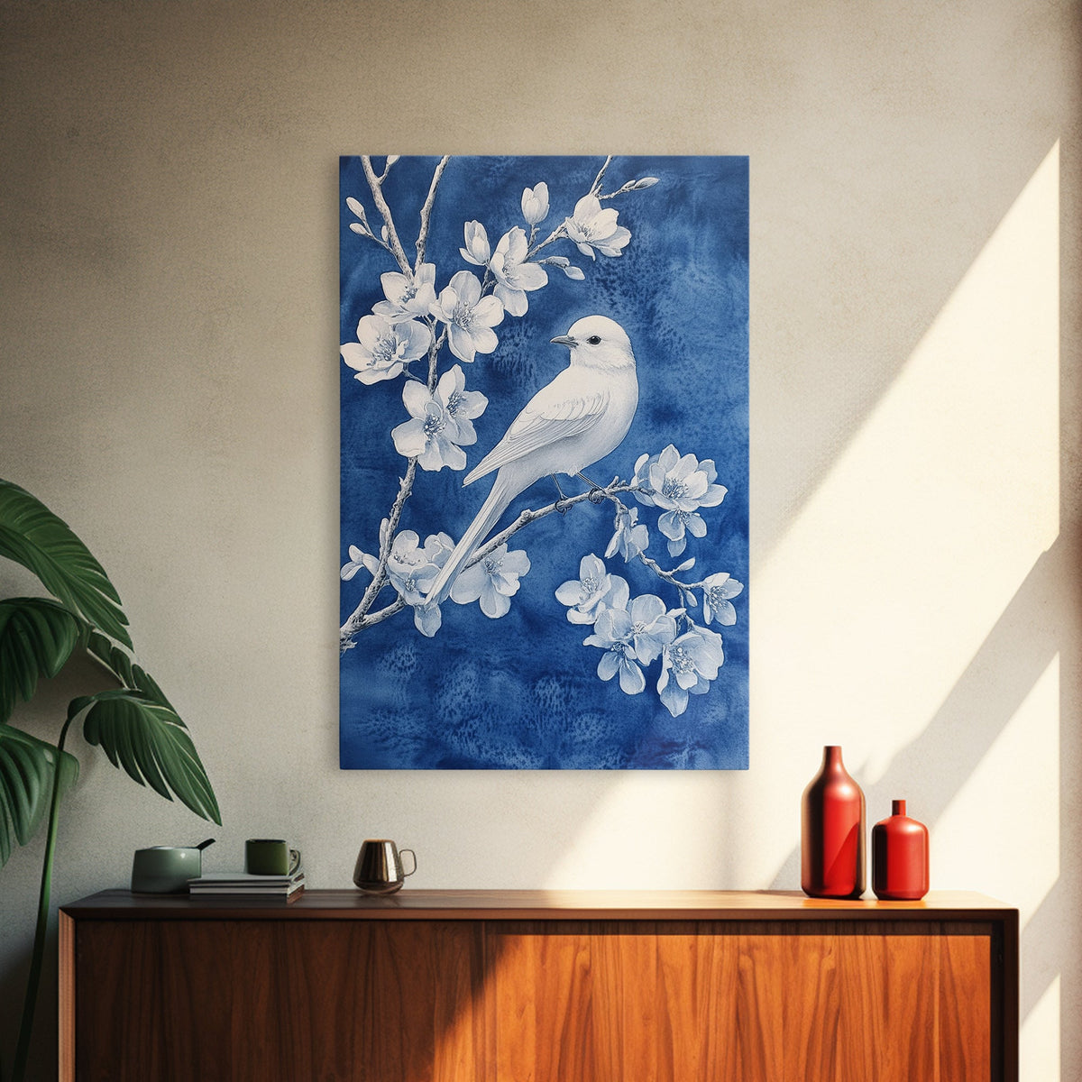 Blue Botanial Wall Art Chinoiserie Wall Art, White Bird, Blue Chinoiserie Home Decor, Botanical Print, Bird Painting, Fr