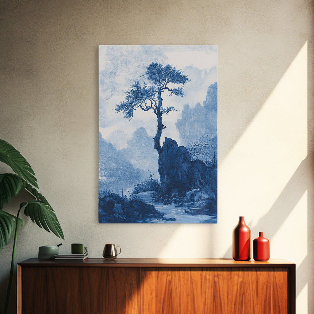 Chinoiserie Wall Art, Chinoiserie Style Canvas Print, Chinoiserie Blue Painting, Retro Boho Style Minimalist Wall Art, B