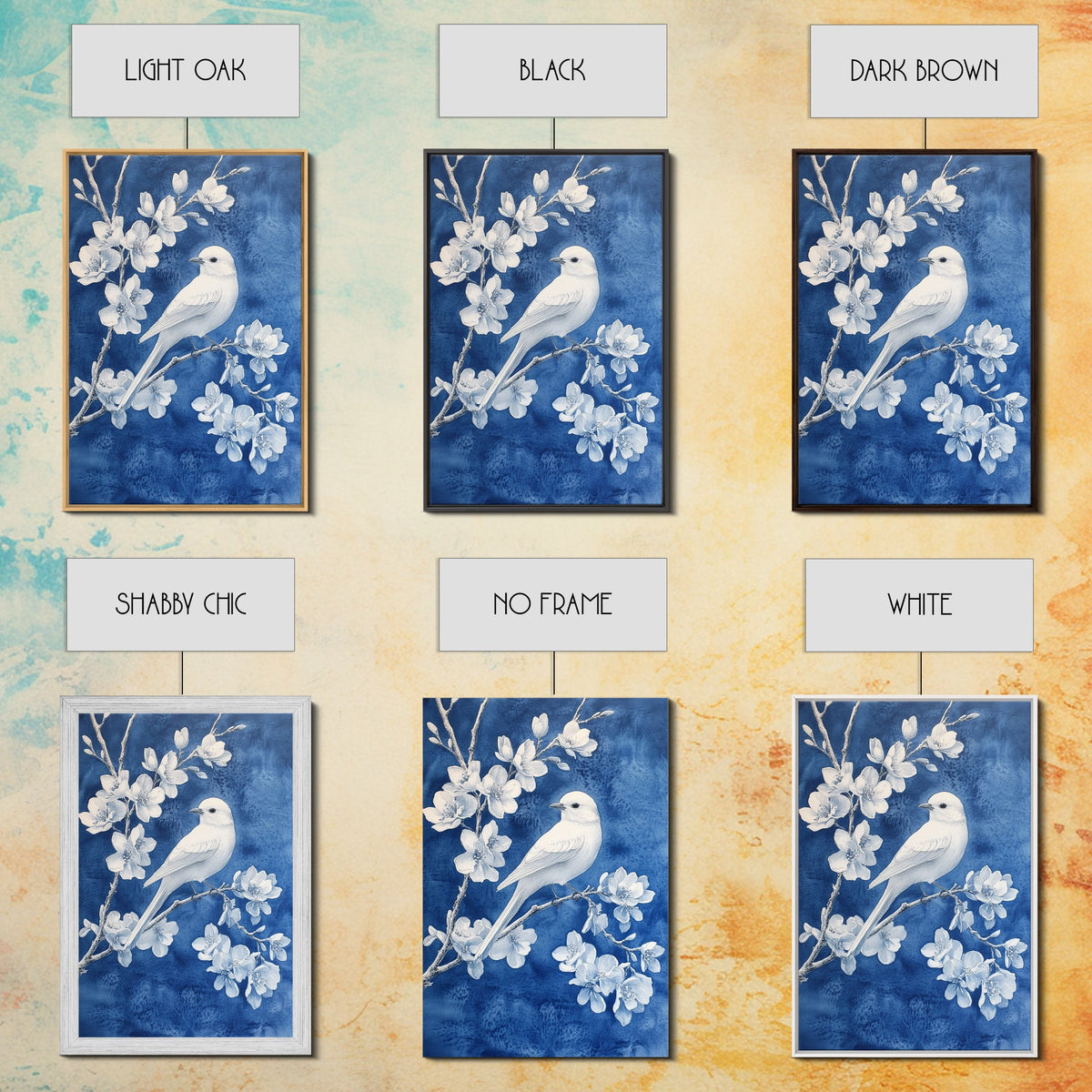 Blue Botanial Wall Art Chinoiserie Wall Art, White Bird, Blue Chinoiserie Home Decor, Botanical Print, Bird Painting, Fr