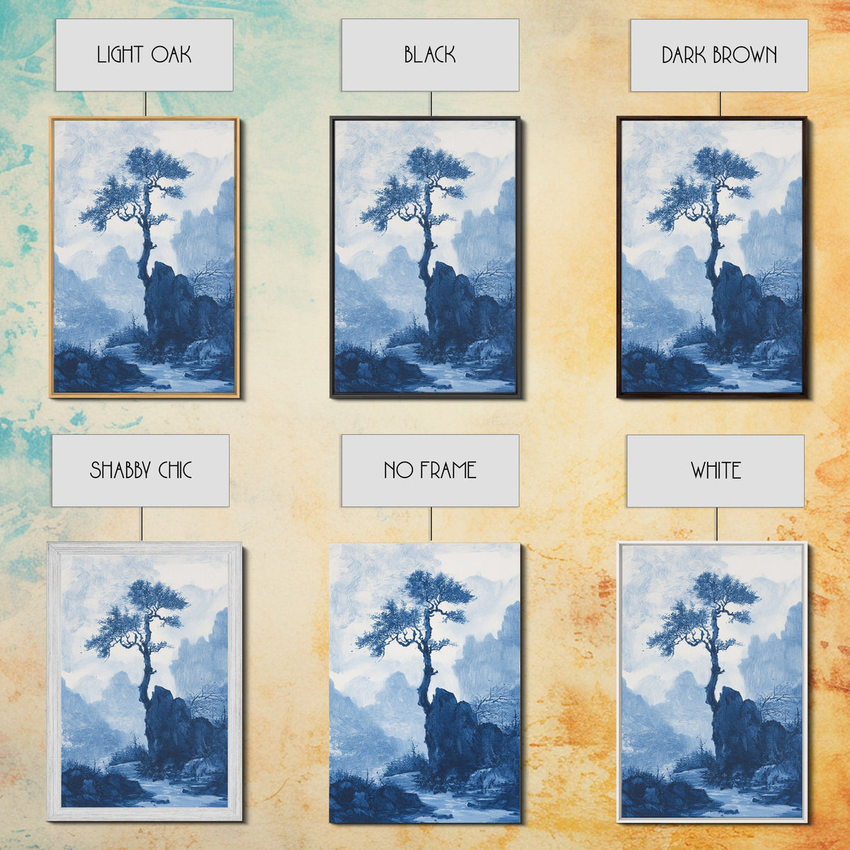 Chinoiserie Wall Art, Chinoiserie Style Canvas Print, Chinoiserie Blue Painting, Retro Boho Style Minimalist Wall Art, B