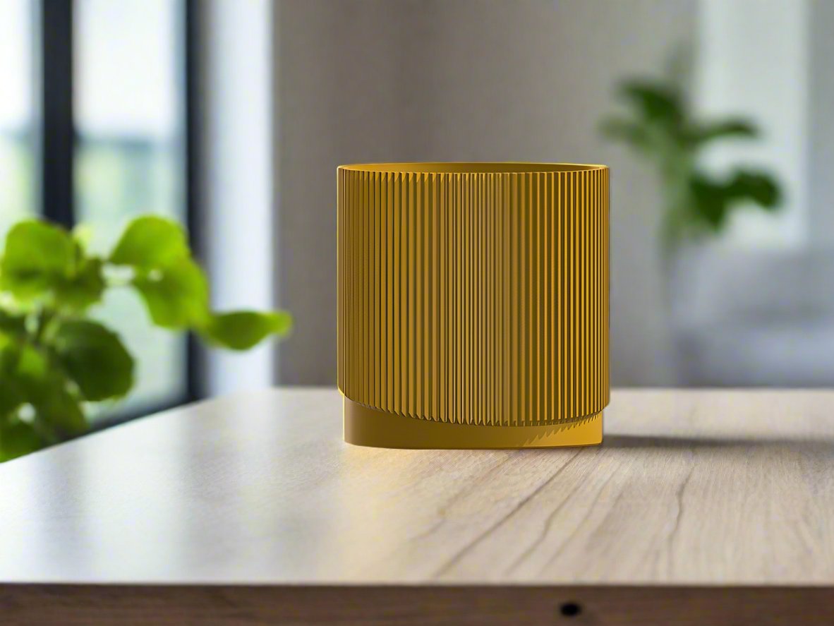 Mid – Century Ribbed Planter with Drainage and Saucer in Multiple Colors, 3D Printed Planter with Unique Modern Design,