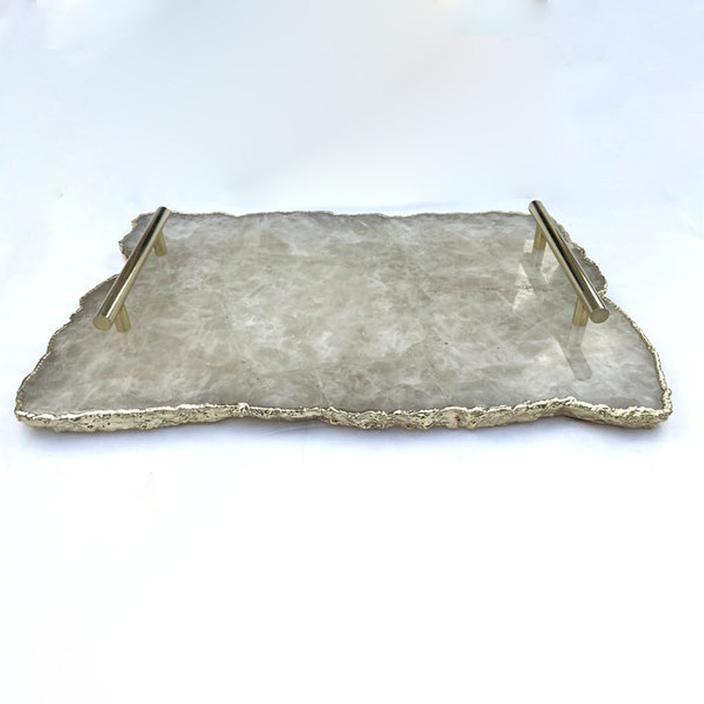 Large White Agate Serving Tray With Brass Handles/Personalized