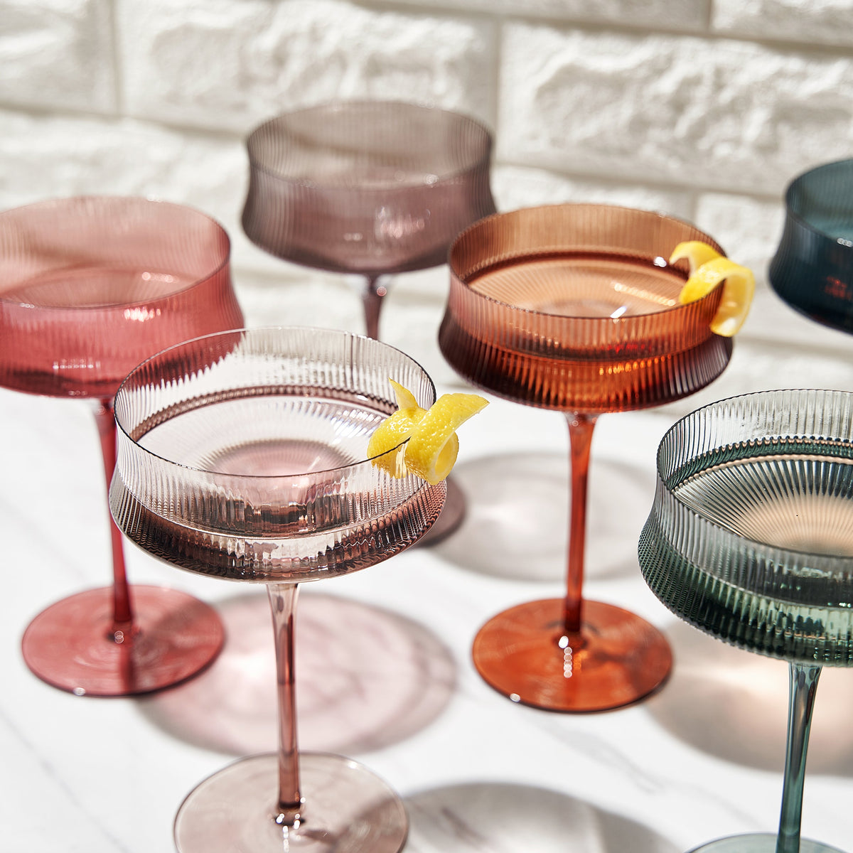 Tonal Ribbed Champagne Coupe Cocktail Glassware, Set of 6